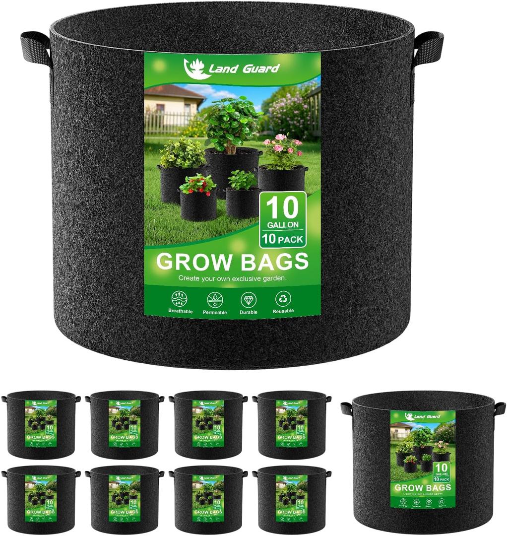 2 x Land Guard 10-Pack Fabric Grow Bags 10 Gallon, Thickened Nonwoven Garden Pots, Growing Bags with Handles, Black