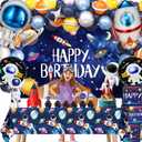 Outer Space Birthday Party Decorations Space Theme Set with Backdrop, Tablecloth, Rocket & Astronaut Foil Balloons, Star Balloons, Cake Topper, Latex balloon for Kids Boys Party