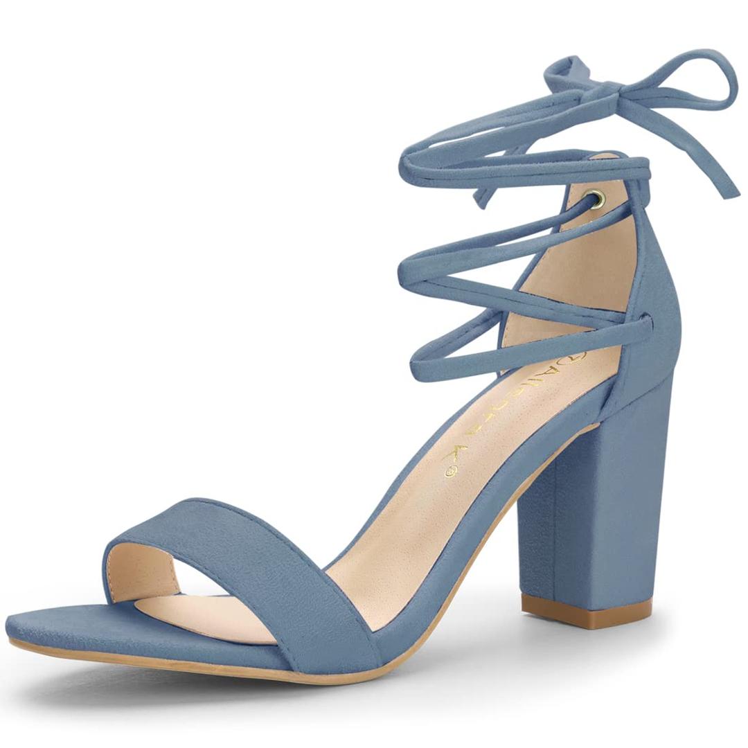 Strappy Heels for Women Chunky Heels High Heeled Sandals with Lace Up Fahsion Casual Nude Block Heel Sandals size 9 Blue