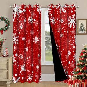 DASHAN Red Christmas Blackout Curtains for Bedroom Living Room 84 inch Length 2 Panels Set, Xmas Snowflake Room Darkening Curtains Snow Winter Thermal Insulated Curtains Window Drapes 52Wx84L