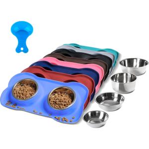 Hubulk Pet Dog Bowls 2 Stainless Steel Dog Bowl with No Spill Non-Skid Silicone Mat + Pet Food Scoop Water and Food Feeder Bowls for Feeding Small Medium Large Dogs Cats Puppies (Medium, Blue)