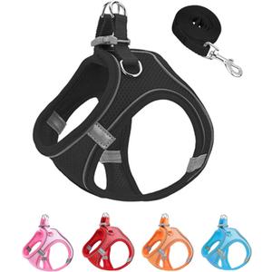 XXXS Black Soft Mesh Dog Harness and Leash Set,No Escape Puppy Harnesses for Training Walking Reflective Adjustable Puppy Vest for Small Medium Dogs, Cats (Black, XXXS)