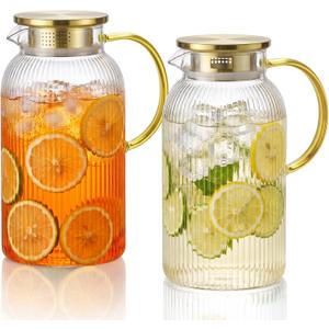 OneDream 2 Pack Glass Pitcher with Lid, 68 oz Heat-Resistant Borosilicate Glass Water Pitcher, Wide Mouth Round Glass Pitcher with Handle, Leak-Proof Silicone-Edged Lid, for Iced Tea, Coffee, Juice