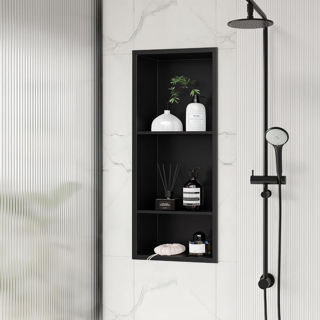 Qeke Stainless Steel Shower Niche 12" X 29", No Tile Needed Wall Niche Three-Tier, Recessed Shower Shelf for Bathroom Storage, Matte Black