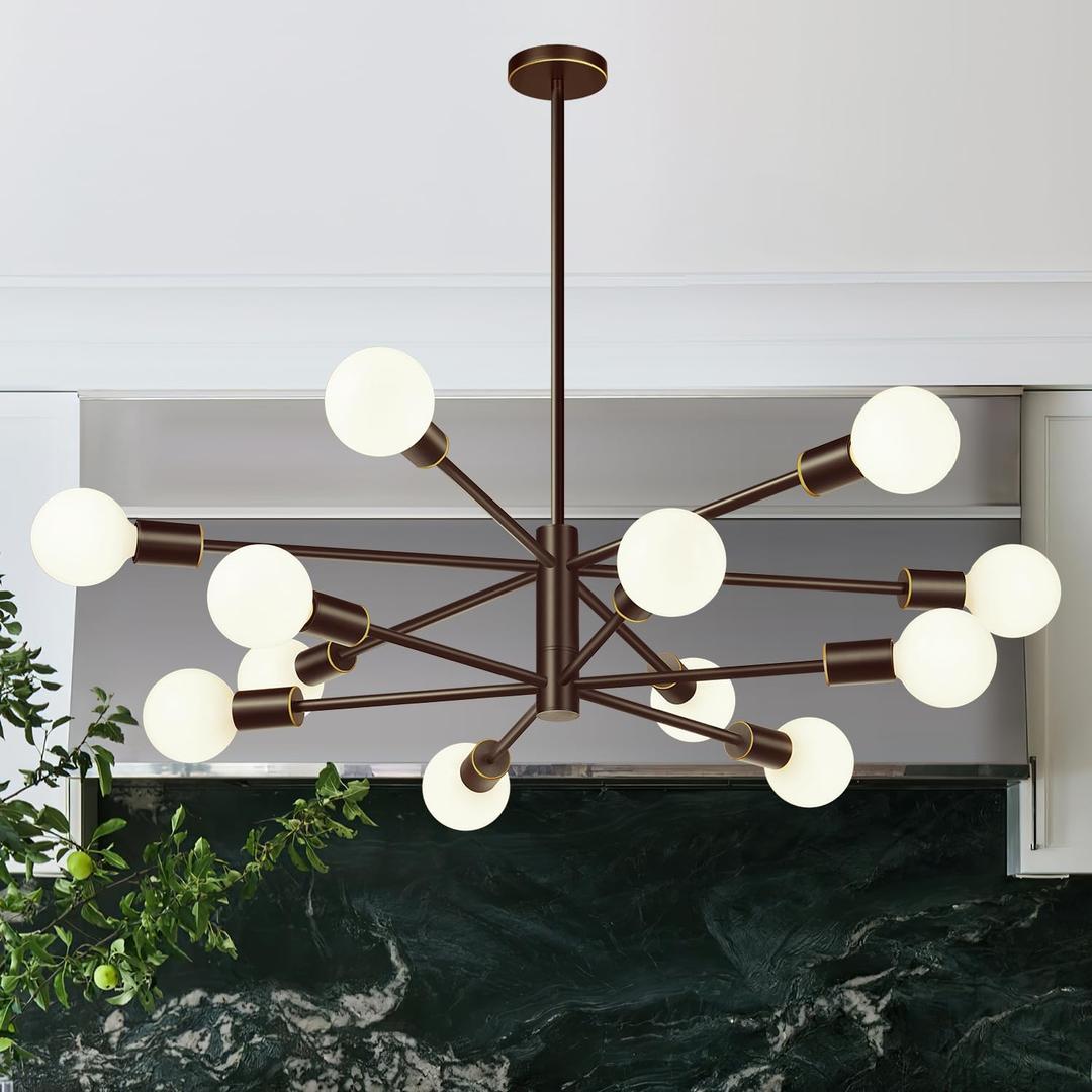 Sputnik Chandeliers Dining Room Light Fixture (12-Light, 33-Inch), Modern Brown and Gold Chandelier, Height Adjustable Mid Century Modern Chandeliers for Dining Room Kitchen (Bulbs Not Included)