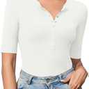 Amoretu Women's Henley Half Sleeve Tops Button Down Fitted Shirts (White, 2XL)