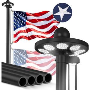 11 Gauge Heavy Duty Flagpole Kit with 136 LED Solar Light, 2.3mm Extra Thick Flag Poles 25FT for Outside House in Ground, 120MPH Wind Tested, 3x5 Thickened USA Flag for Outdoor, Black