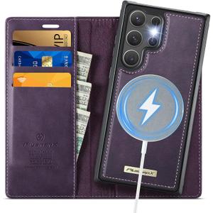 Wallet Case for Samsung Galaxy S25 Ultra Compatible with Magsafe, 2-IN-1 PU Leather Flip RFID Blocking Card Holder Stand Shockproof Magnetic Detachable Case for Galaxy S25 Ultra, Retro Purple