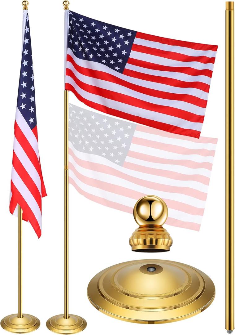 Threan Indoor Telescoping Flag Pole with Base and Ball Top Indoor Flag Pole and Stand Heavy Duty Indoor Stainless Steel Flag Pole Base for House Office Decor, Flag Not Included (Gold, 8.53 ft)