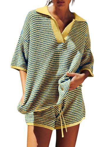 Tankaneo Womens Sweater Set 2 Piece Outfits Oversized 3/4 Sleeve V Neck Knit Tops High Waisted Shorts Lounge Sets, L