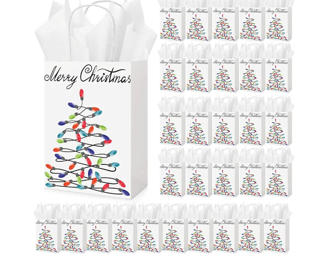 Kolldenn 50 Sets Gift Bags with Tissue Paper, Merry Christmas Goody Bags Xmas Gift Bags with Handles Decorative Tissue Paper for Holiday Party Presents