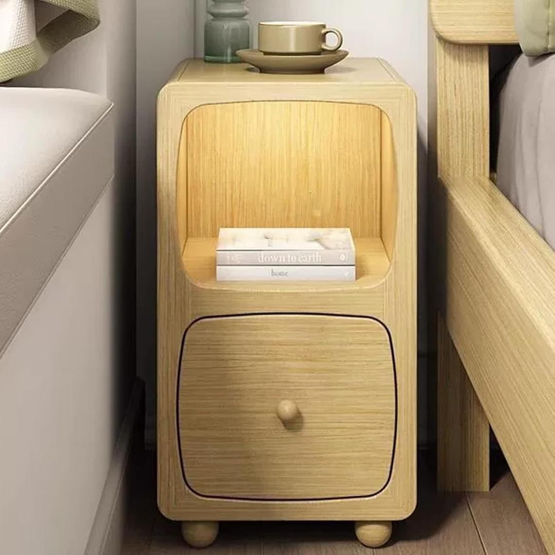 Narrow Night Stand with Drawers, Modern Narrow Night Stand, Solid Wood Bedside Table, Storage Cabinet with Open Compartments, Minimalist Wood Dresser for Bedroom (Natural+1 Drawer, 29 x 37 x 48cm)