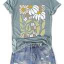 Vintage Wildflowers Graphic Shirt Women's Casual Holiday Short Sleeved T-Shirt Boho Floral Printed Tee Fall Tops (Medium, Green-00)