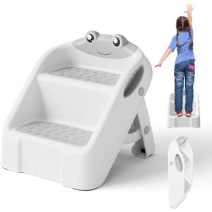 Toddler Step Stool, Easy to Fold Step Stools for Toddlers with Non-Slip Surface & Alphabet Patterns, Lightweight & Cute Kids Step Stool for Potty Training, Bathroom Sink, and Bedroom, Gray