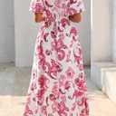 KIRUNDO Women Spring Summer Wedding Guest Boho Floral Maxi Dress Puff Sleeve Button Shirt V Neck Flowy Beach Vacation Dress (S)