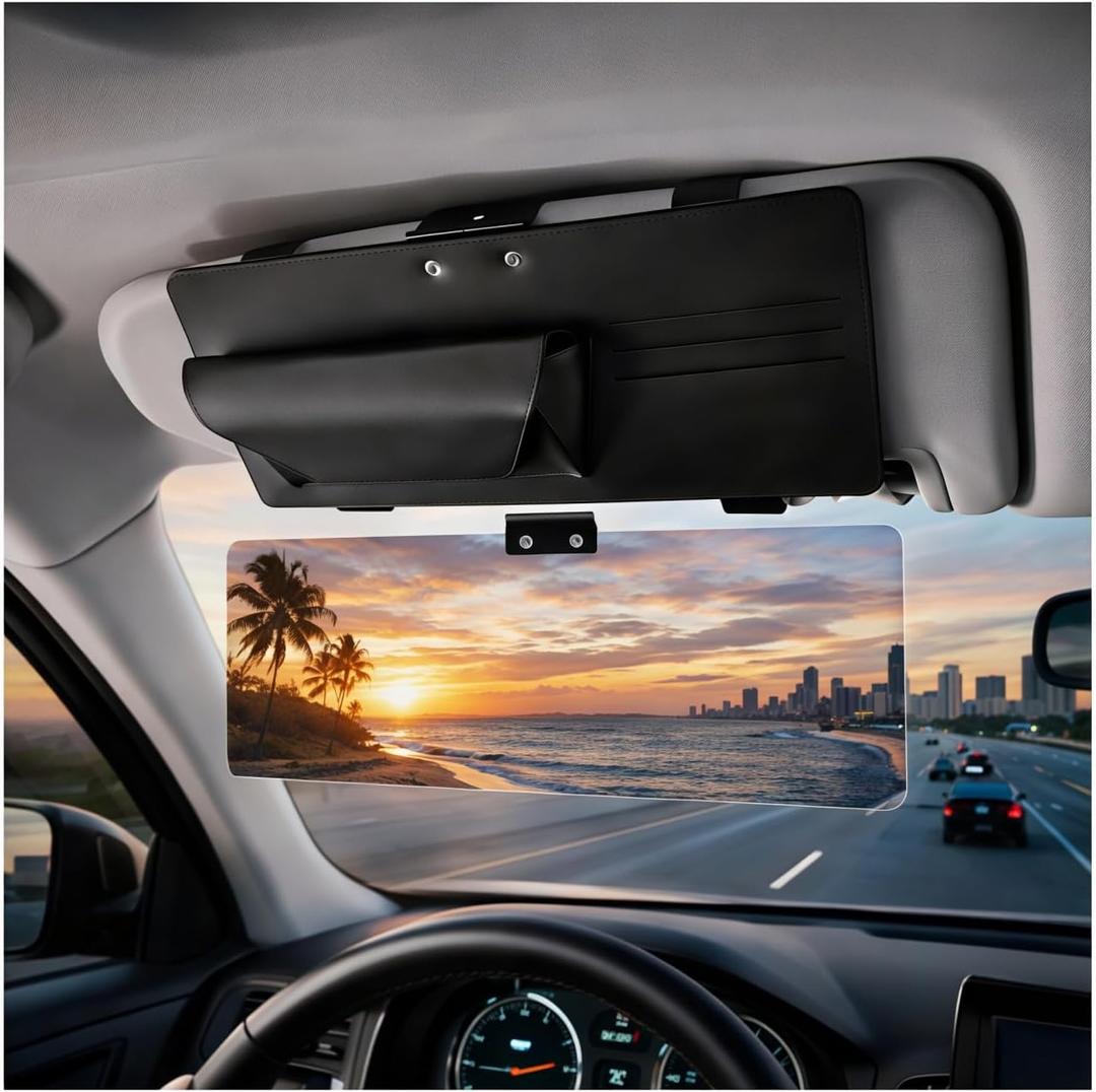 Anti-Glare Sun Visor for Cars, Suitable for Daytime and Nighttime Driving, Blocks UV Rays and Sunlight, Sun Visor Extender with Transparent Anti-Glare Panel and Storage Function