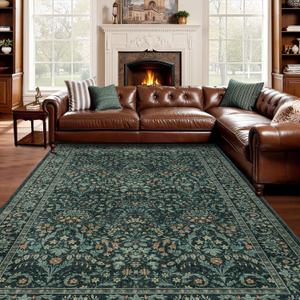 Washable 5x8 Area Rug for Living Room Bedroom Dining Room Office, Non-Slip Low Pile Stain Resistant Soft Carpet for Vintage Floral Oriental Home Decor Dark Green/Navy/Black