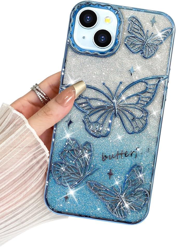BITOBE Designed for iPhone 15, Cute 3D Butterfly Case Slim Plating Glitter Bling Luxury Cover for Women Girls Protective Camera Protection Bumper 6.1" Blue