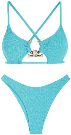 ZAFUL Women's Sexy Cutout Bikini Set High Cut Textured Metal Ring Cheeky Swimsuit Two Piece Bathing Suit M