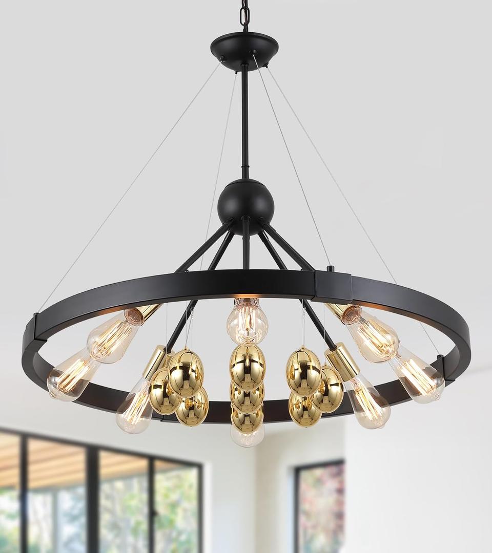 Q&S Black and Gold Wagon Wheel Chandelier,8 Lights Modern Farmhouse Round Circle Golden Eggs Light Fixtures for Dining Room Living Room Bedroom Foyer Kitchen Hotel UL Listed