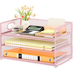 Subekyu 3 Tier Paper Letter Tray Organizer for Desk, Pink Metal Mesh File Folder Sorter Organizer with Handle and 1 PC Sliding Tray for Home Office School Desk Supplies Organization Storage (12.6" x 9.1" x 8.1")