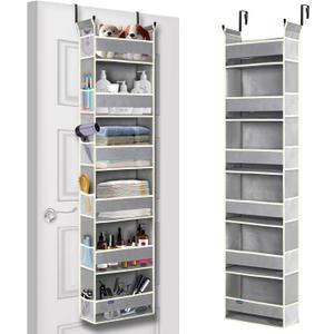 Over The Door Organizer 6-Shelves and 12 Side Pockets, Over The Door Storage for Bathroom Bedroom Nursery, Hanging Door Organizers for Baby Diapers and Kids Toys (13"x5"x54", Grey)