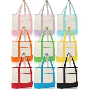 Sanwuta 9 Pack Canvas Tote Bags with Outer Pocket Large Reusable Grocery Shopping Travel Blank Tote Bag for Women Mother(Bright Colors)