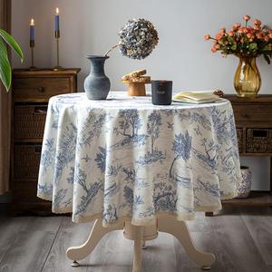 Rustic Tablecloth Classic French Village Printed Linen Fabric Table Cover Farmhouse Decoration 60 Inches Round Blue for Kitchen Dining