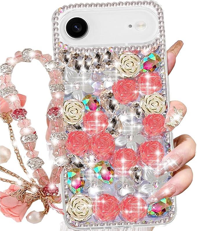 Changjia for iPhone Air Glitter Bling Case,Cute Girly Luxury 3D Sparkle Crystal Rhinestone Flowers Floral Diamond Gems Pearl with Lanyard Wrist Strap Women Girls Phone Case for iPhone 17 Air 6.5",Pink