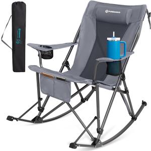 FUNDANGO Oversized Rocking Camping Chair for Adults, Portable Folding Lawn Chairs for Outside with Pillows, Wide Armrest, 2 Cup Holders, Carry Bag for Patio Garden Outdoor Supports 400Lbs (Grey)