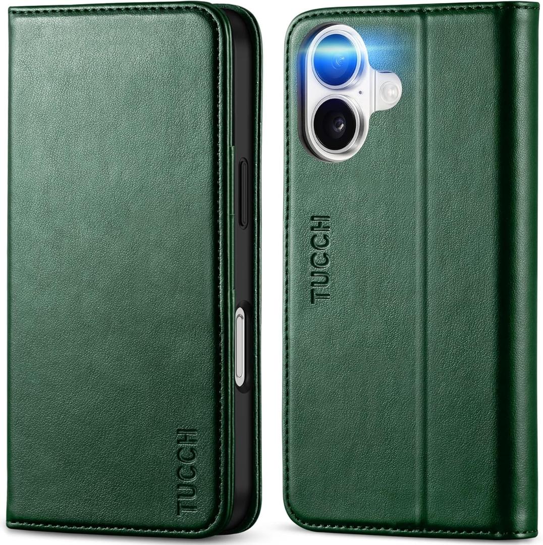 TUCCH Wallet Case for iPhone 16, Kickstand PU Leather Flip Folio Cover with 3 Credit Card Holder RFID Blocking [Shockproof TPU Interior Case] Compatible with iPhone 16 5G 2024, Dark Green