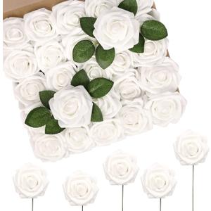 N&T NIETING Artificial Flowers 50pcs Real Touch White Flowers Artificial Roses for Decoration for DIY Wedding Bouquets Bridal Centerpieces Floral Shower Party Tables Home Arrangement