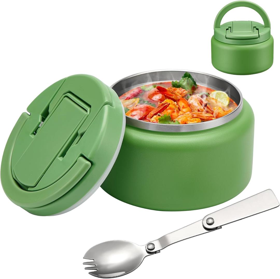 13.5oz Soup Thermo for Hot Food Kids Insulated Vacuum Food Jar with Buckle Lid,Wide Mouth Leakproof Stainless Steel Lunch Container with Spoon-Green