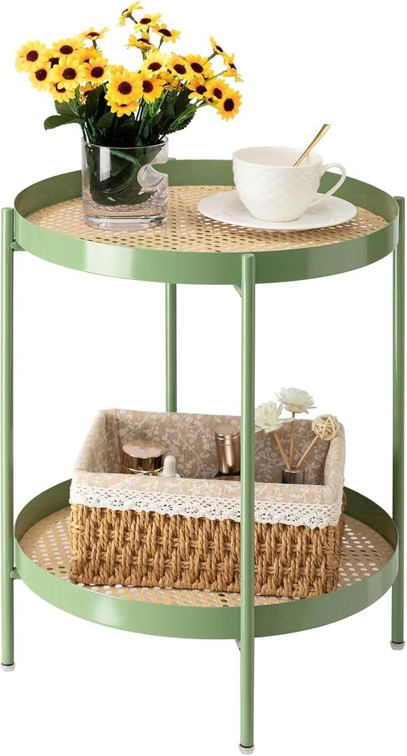 danpinera All Metal Side Table, 2 Tier Green End Table with Imitation Rattan Pattern on Removable Trays, Round Table for Small Spaces, Small Tables for Living Room 20.47 Inch x 16.54 Inch   (Green)