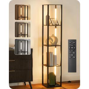 64.2" Display Shelf with Light, Modern Corner Floor Lamp with Shelves, LED Dimmable Standing Lamp with Remote for Living Room, Bedroom, Office, Adjustable CCT, Black Square B51LD05