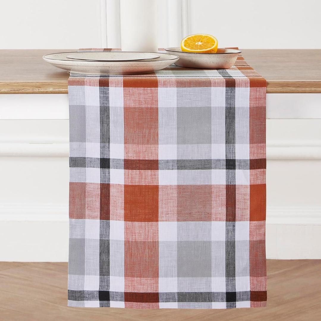 2 x Solino Home Pure Linen Cinnamon Plaid Table Runner 14 x 36 Inch for Coffee Tabletop, Dresser, and Bedroom  Fall Buffalo Check
