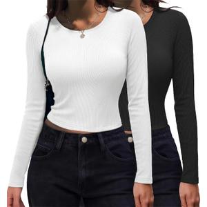 Zeagoo Womens Ribbed Fitted Crop Tops Long Sleeve T Shirts Basic Scoop Neck Casual Slim Fitted Y2k Clothes 2026 (XXL)