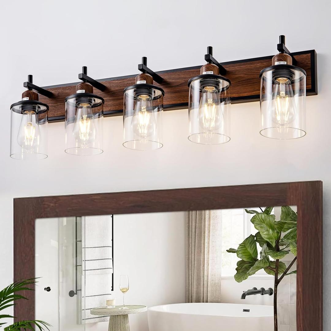 Lanhall 5-Light Farmhouse Bathroom Light Fixtures Vintage Bathroom Vanity Lights Over Mirror Black and Wood Painted Metal Vanity Light for Bathroom with Glass Shades E26 Socket