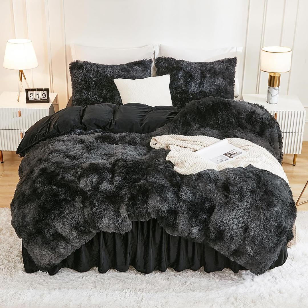 Andency Faux Fur Tie-Dyed Black Grey Comforter for Queen Size Bed, 3 Pieces Fluffy Fuzzy Plush Bedding Set (1 Shaggy Velvet Comforter & 2 Pillowcases), Soft Puffy Down Bedding Set (Queen (90"x90"))