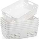 Jucoan 6 Pack White Plastic Storage Baskets, 12 X 8 X 4 Inch Large Plastic Storage Organizer Tray Bin with Handles for Classroom, Drawer, Closet, Bathroom Kitchen