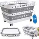 Collapsible Laundry Basket with Wheels, White and Gray, 43L Capacity, Dual-Layer Design, Rolling Hamper with Comfort-Grip Handles, 360 Airflow