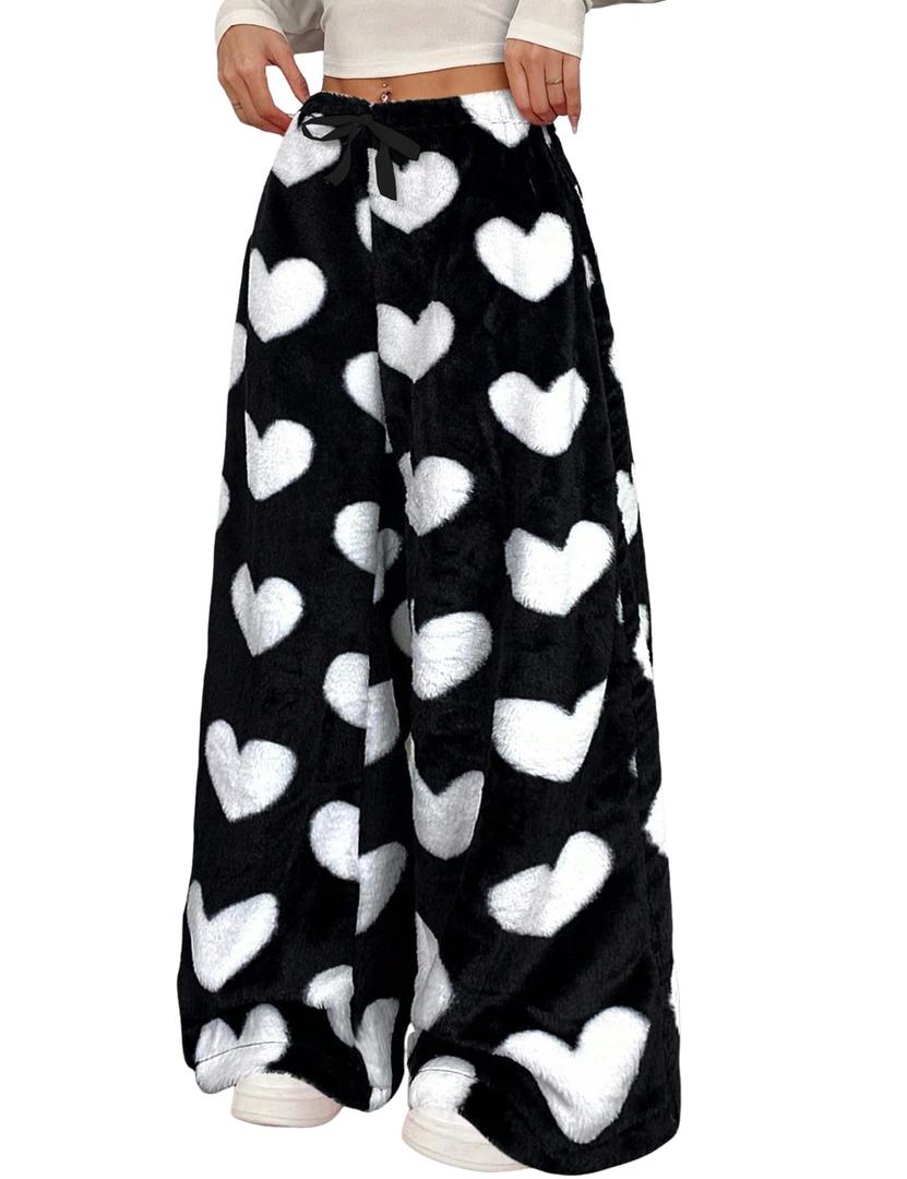 Wyeysyt Women Fuzzy Pajama Pants Elastic Waist Wide Leg Leopard Pant Pj Bottoms Lounge Fluffy Pants(Black-S)
