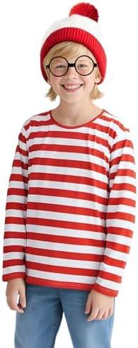 Focupaja Red and White Striped Suits Kids Halloween Costume Long Sleeve Shirt Hat Glasses Boys Girls Cosplay Outfit (L, Red Stripes