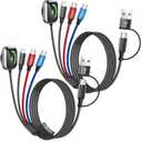 Dual Type-C Port 4 in 2 Multi Charging Cable for iWatch Charger/iPhone17/IP, Cruise Travel Essentials 2026, USBA/USBC Cable for iWatch Ultra/SE/11-2, iPhone17-8, Pad, GalaxyS26, Car Charger- 2Pcs 5FT