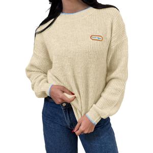 Saodimallsu Womens Sweaters Crew Neck Long Sleeve Knit Contrast Piping Stripe Lightweight Casual Fall Pullover Tops 2025 (Beige)