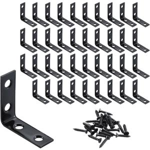 HOME MASTER HARDWARE L-Shaped Corner Braces, 40-Piece Metal Black Corner Bracket 1-1/2 Inch Right Angle Brackets for Shelves, Wood Furniture, Frames - Includes Rust-Resistant Screws