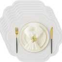 Breling Set of 6 Wedding Placemats Scalloped Embroidered Cotton Linen Placemats 17" x 13" Double Layered Machine Washable Table Place Mat for Party Table Decor(White)