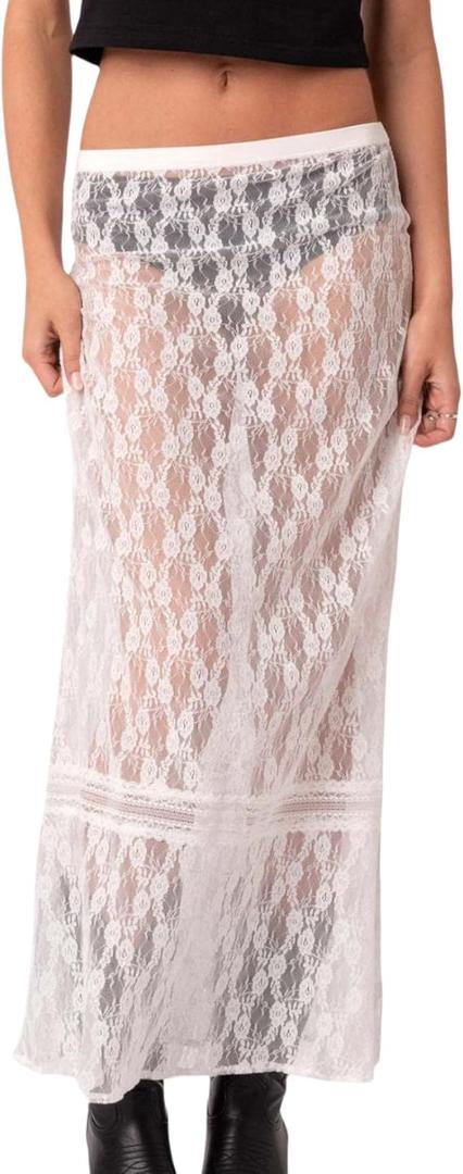 Perbai Womens Sexy Sheer Lace Maxi Skirt Low Rise Y2K A Line Long Mesh Skirts Summer Beach Coverups