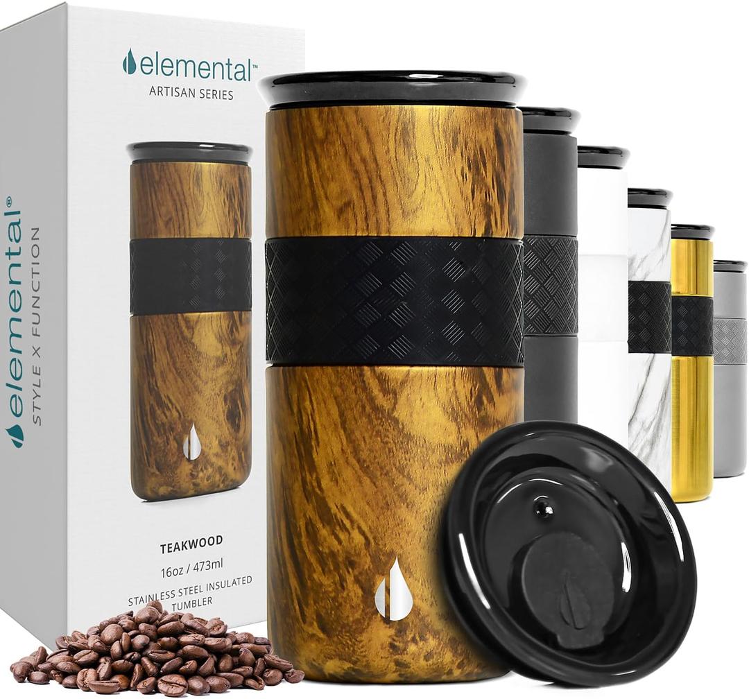 Elemental Artisan Insulated Tumbler, Triple Wall Coffee Travel Mug, Reusable Stainless Steel Coffee Tumbler with Ceramic Lid, Thermal Coffee Cups for Hot (6 Hrs) & Cold (18 Hrs), 16oz - Teakwood