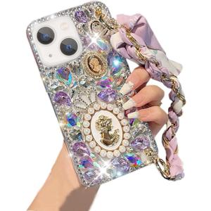 for iPhone 13/14 Glitter Bling Case, Cute Luxury 3D Crystal Queen Rhinestone Full Diamond with Silk Scarf Wristband Chain Women Girls Case Cover for iPhone 13/14 6.1 inch